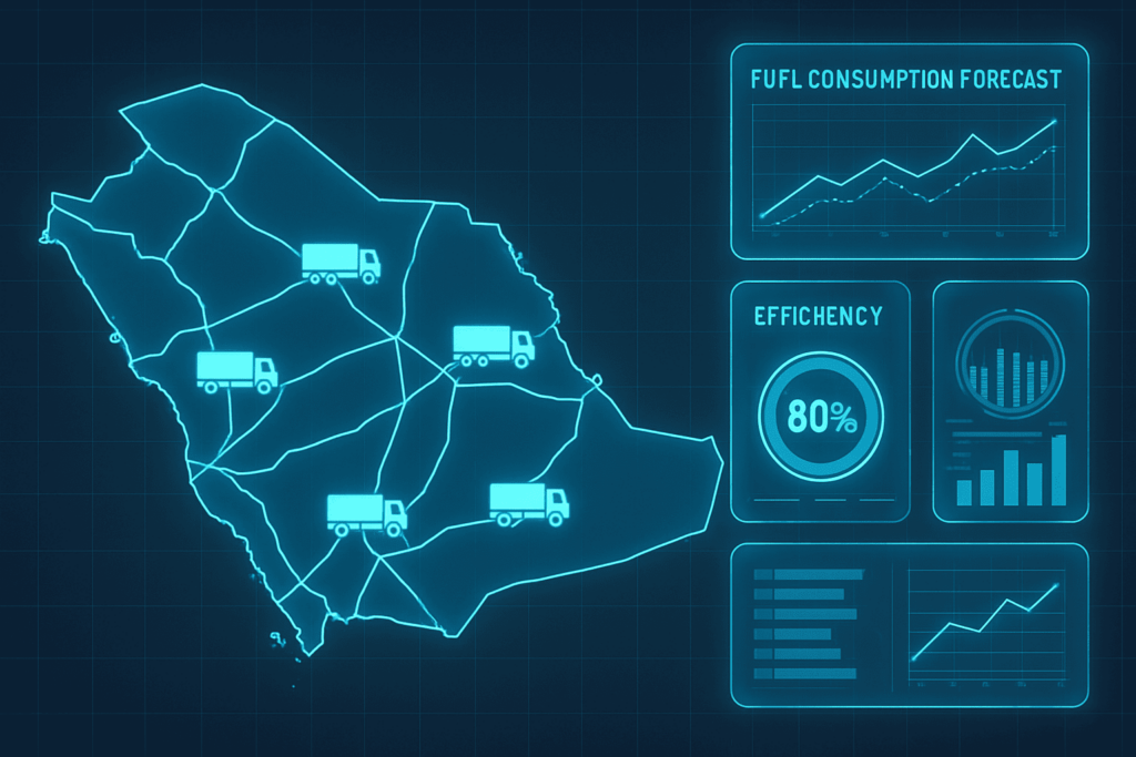 صورة: خريطة للمملكة العربية السعودية تعرض بيانات تحليلية وتنبؤات مستقبلية لاستهلاك الوقود.