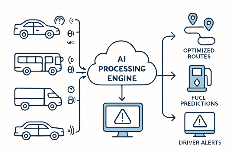 رسم توضيحي يظهر تدفق البيانات من المركبات إلى نظام المعالجة المركزي بالذكاء الاصطناعي لإنتاج التنبؤات والتوصيات