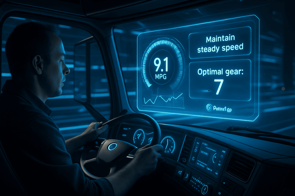 سائق ينظر إلى واجهة عرض متقدمة تعرض بيانات كفاءة الوقود في الوقت الفعلي (1)
