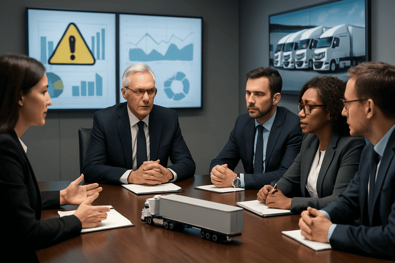 اجتماع قيادي لمناقشة خطط السلامة في شركة نقل، حيث يظهر المدير التنفيذي وفريق الإدارة العليا يناقشون استراتيجيات تعزيز السلامة