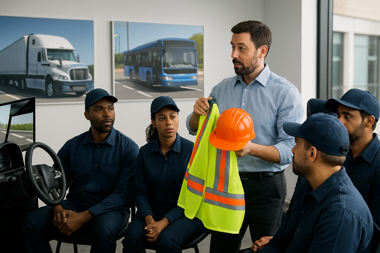 جلسة تدريبية تفاعلية للسائقين حول السلامة، حيث يقوم المدرب بشرح استخدام معدات السلامة وأفضل الممارسات للقيادة الآمنة